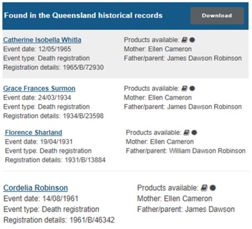 Queensland Registry for births, deaths and marriages search results