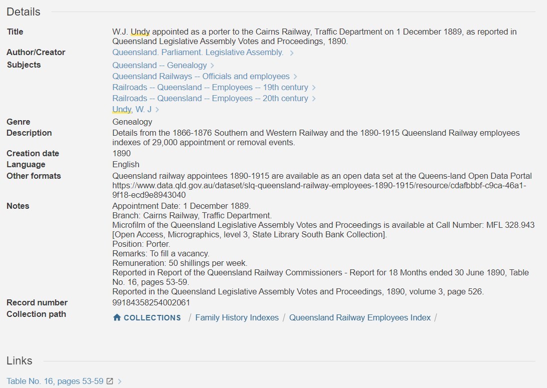 Catalogue entry for W.J. Undy, in the Queensland railway employees index
