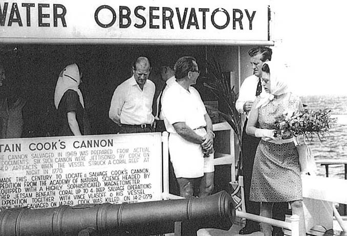 Her Majesty Queen Elizabeth II and HRH The Duke of Edinburgh with Vince Vlasoff, on Green Island’s Underwater Observatory, 1970. Also on display is a cannon linked to Captain Cook and the HMAS Endeavour. 