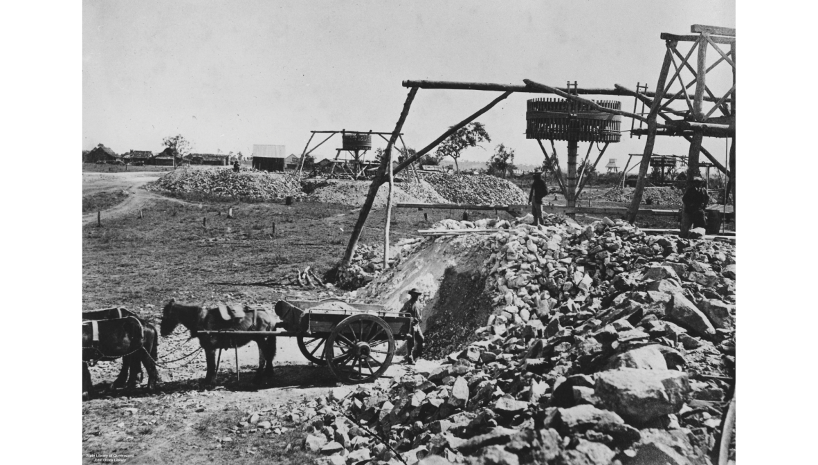 Photograph from 1878, capturing the Queen Line Gold Mine in Charters Towers