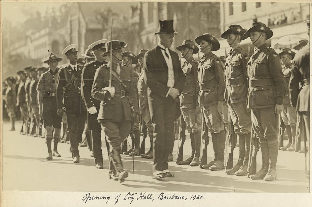 Queensland Governor at the inspecting troops at the opening of Brisbane City Hall, 1930