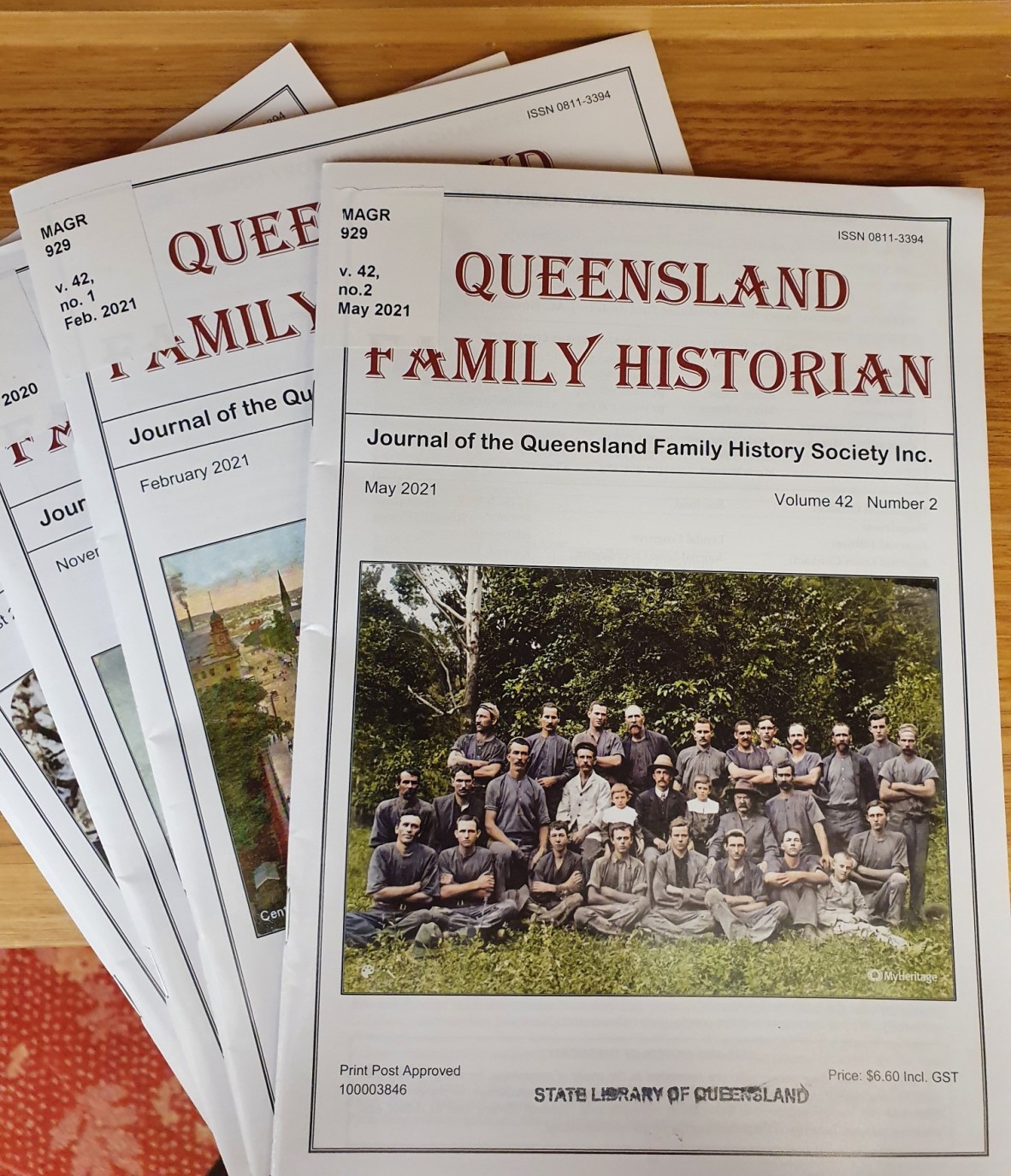 Image of front cover of "Queensland Family Historian" journal, published by the Queensland Family History Society.