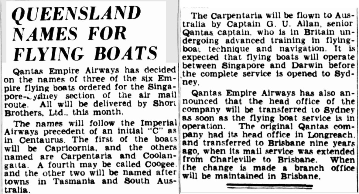 QUEENSLAND NAMES FOR FLYING BOATS