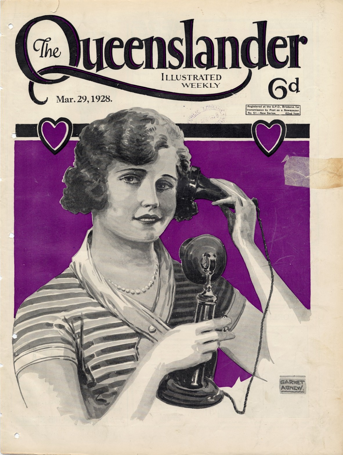 Front cover of The Queenslander of 29 March 1928, showing young woman using a candlestick telephone