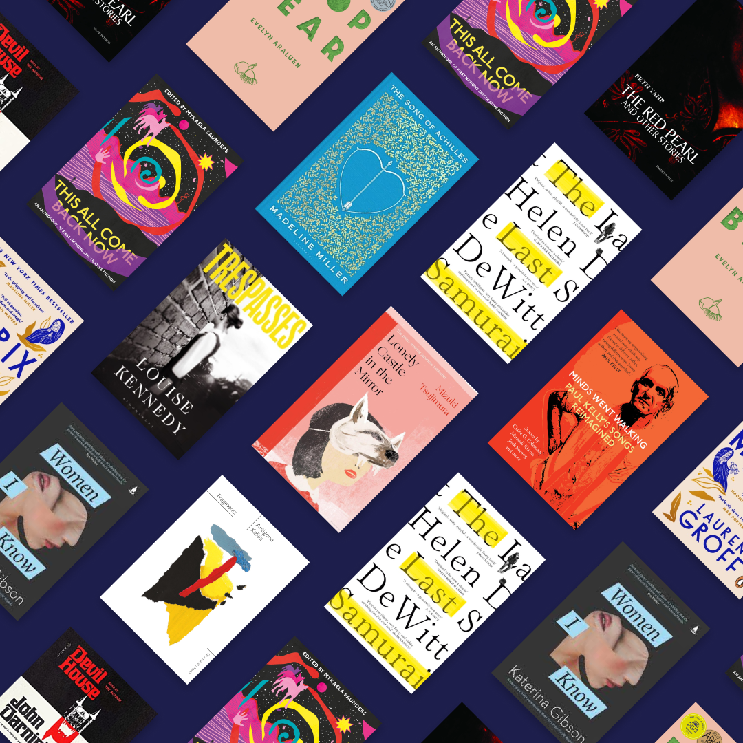 A composite image of book covers diagonally spread out on a navy background