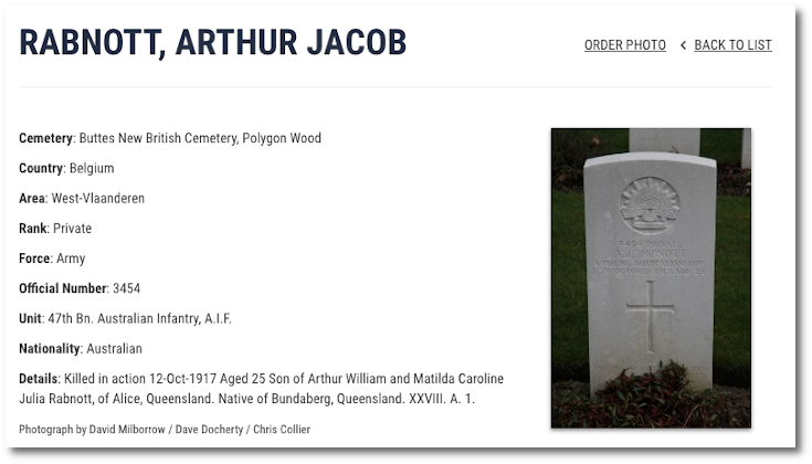 View of gravestone Arthur Rabnott Buttes New British Cemetery Polygon Wood