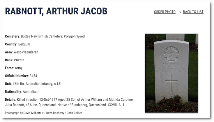 View of gravestone, Arthur Rabnott, Buttes New British Cemetery, Polygon Wood