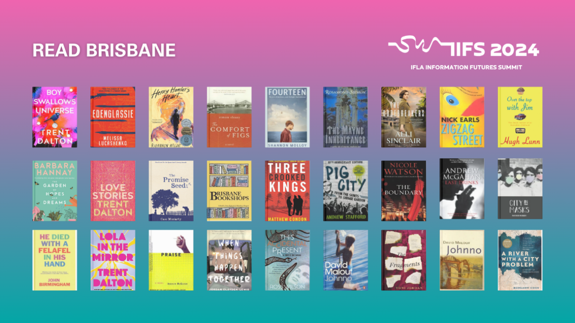 A selection of 27 books from Brisbane arranged in a 9 x 3 grid against a purple-blue gradient background. Text above the books reads 'READ BRISBANE'