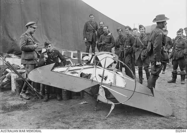 The remains of Baron von Richthofen’s Fokker Triplane at the aerodrome of No. 3 Squadron of the Australian Flying Corps.