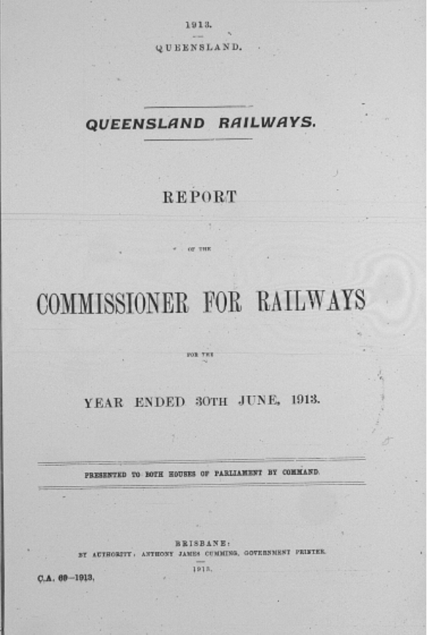 Photo of the cover of the Report of the Commissioner for Railways, 1913