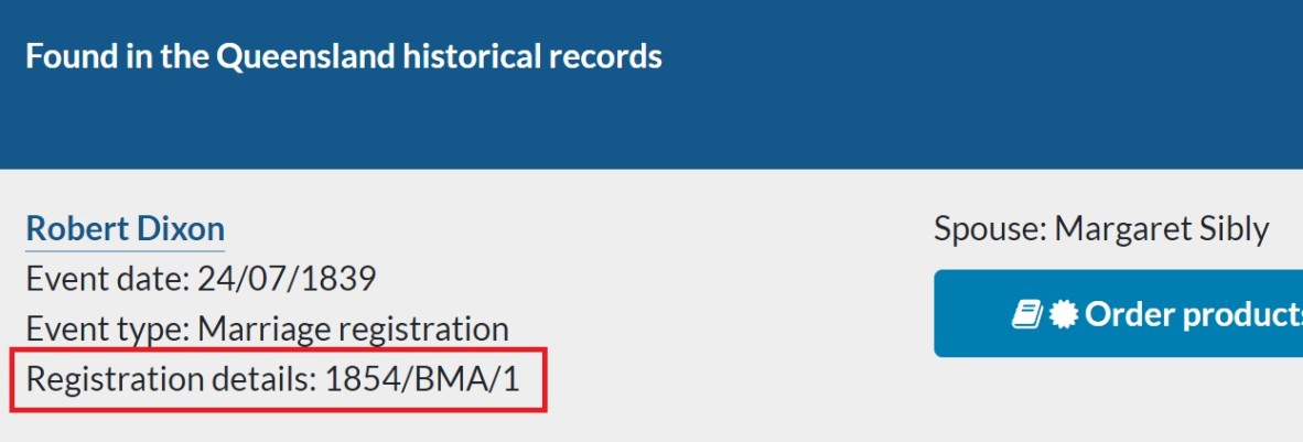 Index entry for Robert Dixon’s marriage. Queensland Registry of Births, Deaths and Marriages.