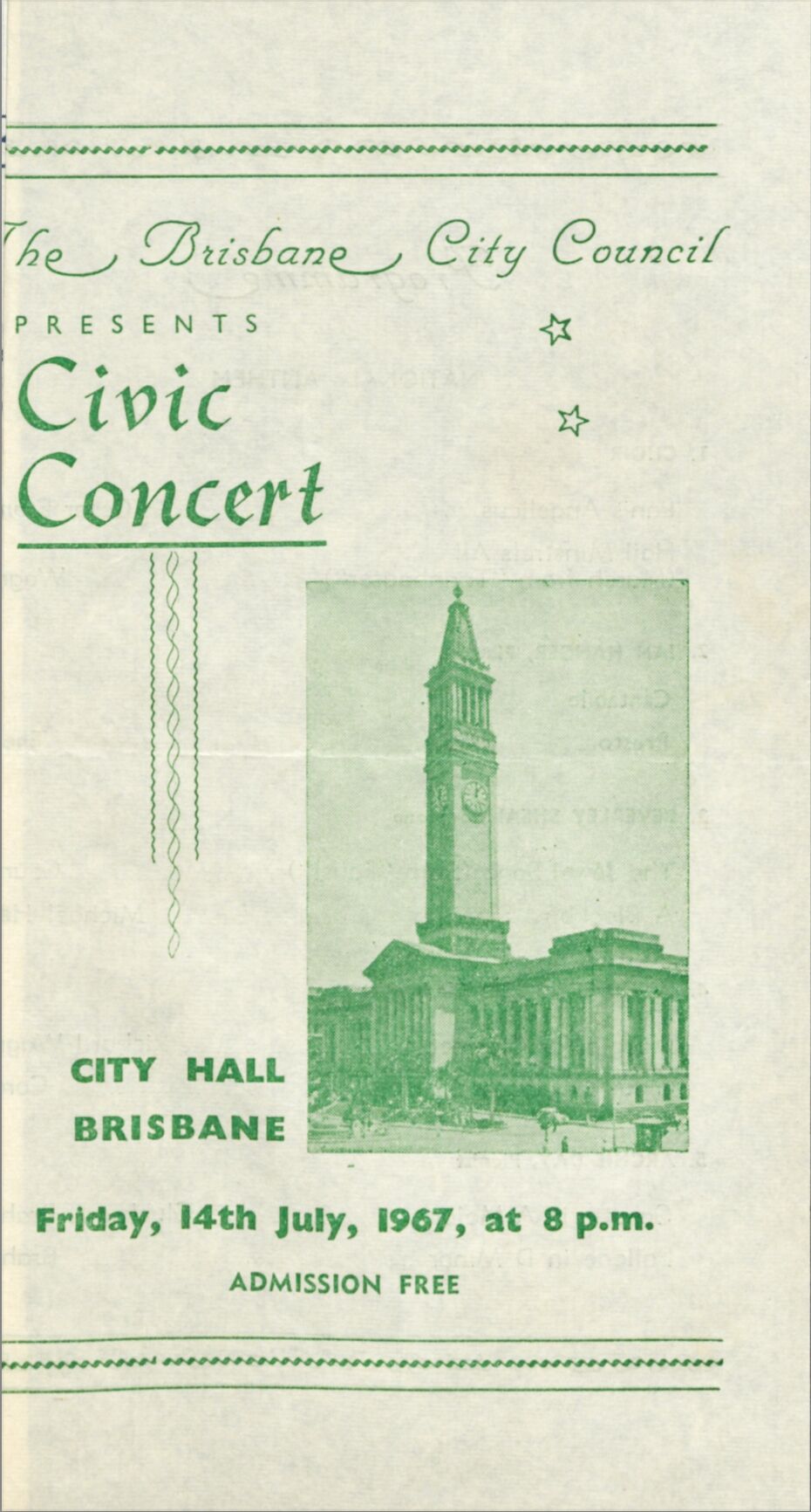 Cover of the concert program with a image of the Brisbane City Hall