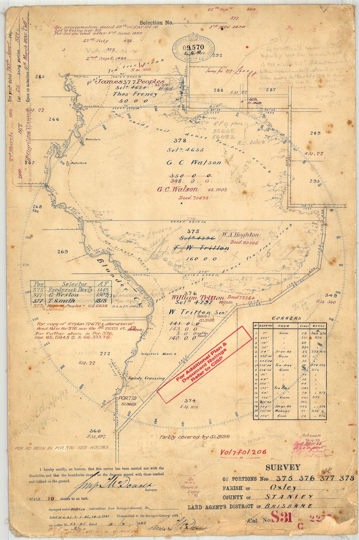 Part of Survey Plan S312275 showing Fred and William Tritton’s selections on what is now Ritchie Road, Pallara.
