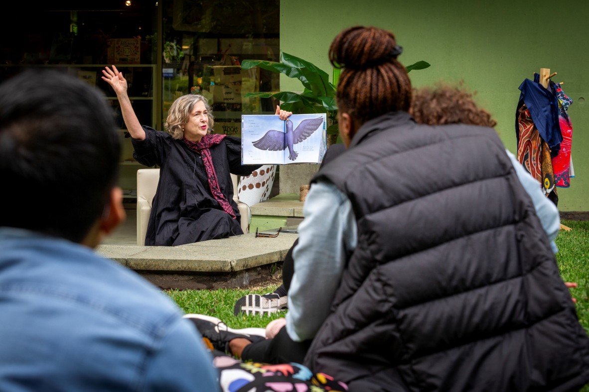 State Librarian and CEO, Vicki McDonald reading Bowerbird Blues to families