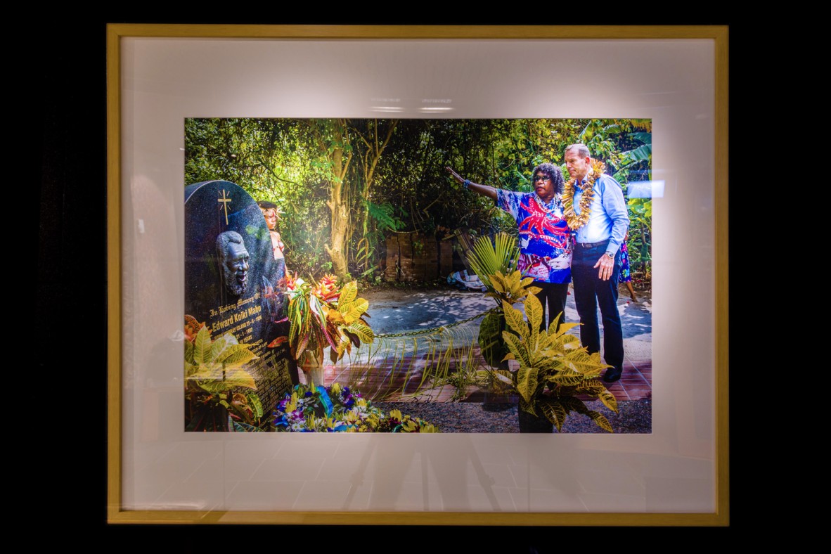 Framed photograph of former Prime Minister of Tony Abbott talking with Gail Mabo on Mer Island.