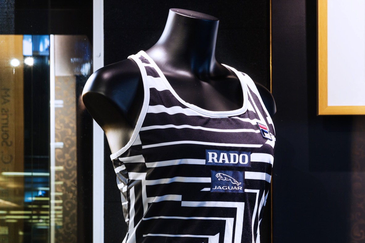 Black and white FILA tennis outfit on display on a mannequin.