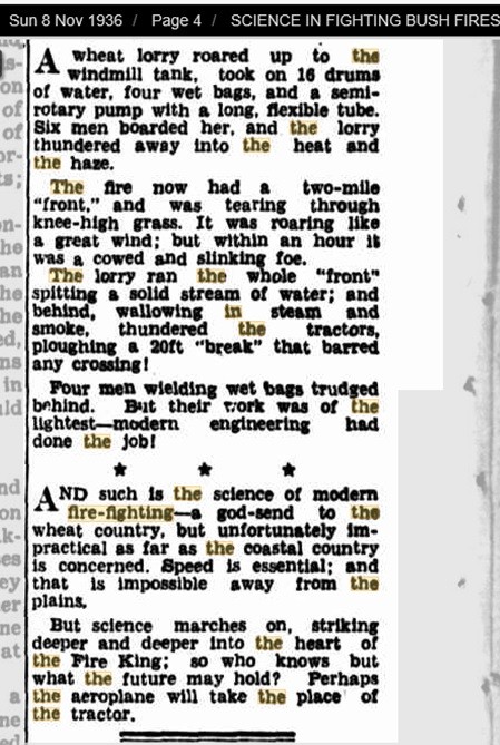 Article on fighting bush fires from "The Sunday Mail", 8 November 1936, p.4.