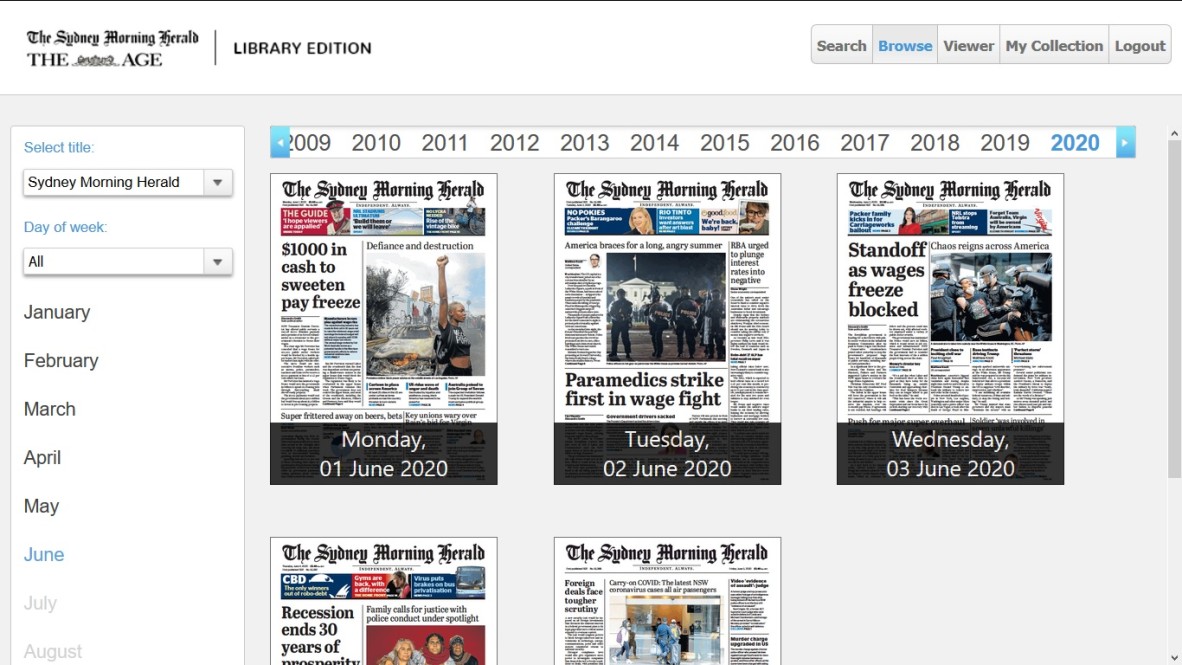 Home page of Sydney Morning Herald Library Edition database