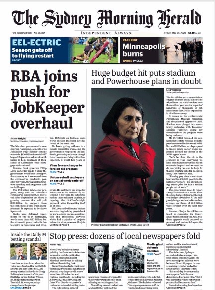 Image of front page from Sydney Morning Herald Library Edition database