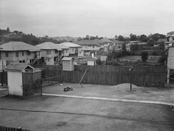 Black and white photo of backyards in Newmarket in 1953, showing timber houses and outdoor toilets at the end of the yards.