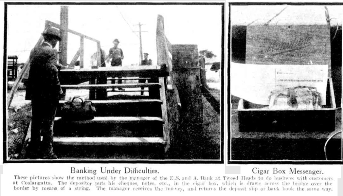 Photos of men on either side of a small bridge, moving a cigar box with string as a banking transaction.