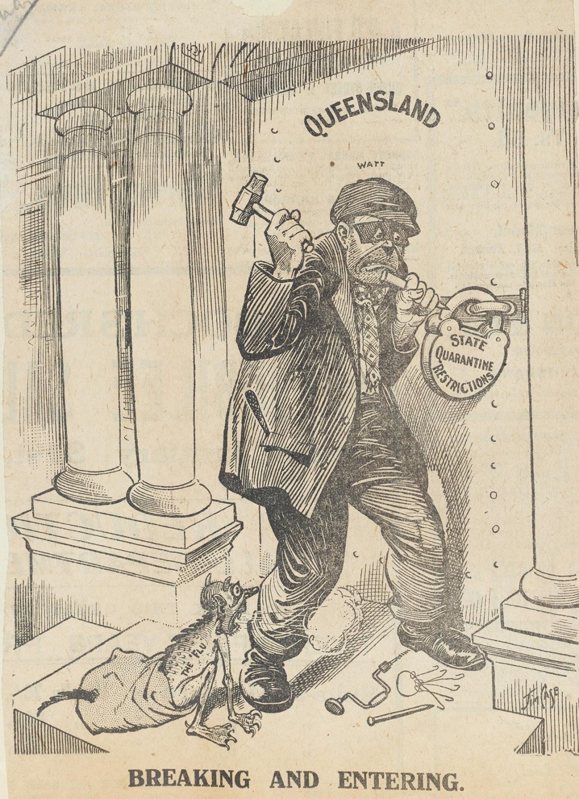 Cartoon of man with hammer and chisel trying to break the large lock on a heavy steel door with Queensland written on it