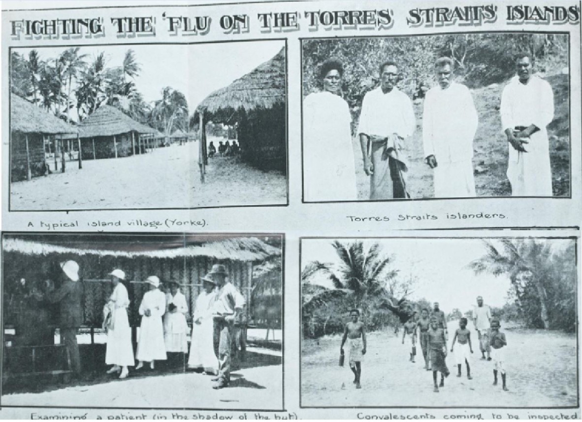 Photos of the Torres Strait Islands including a village people a patient being examined and convalescents coming to be inspected