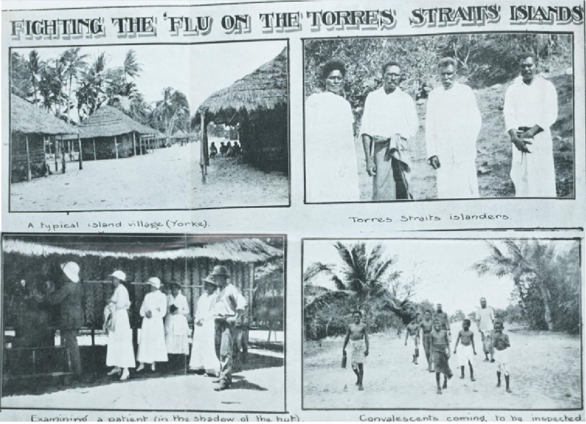 Photos of the Torres Strait Islands, including a village, people, a patient being examined and convalescents coming to be inspected