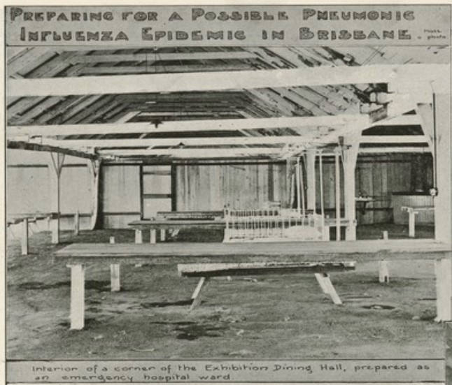 Photo of interior of the Exhibition dining hall prepared as an emergency hospital ward
