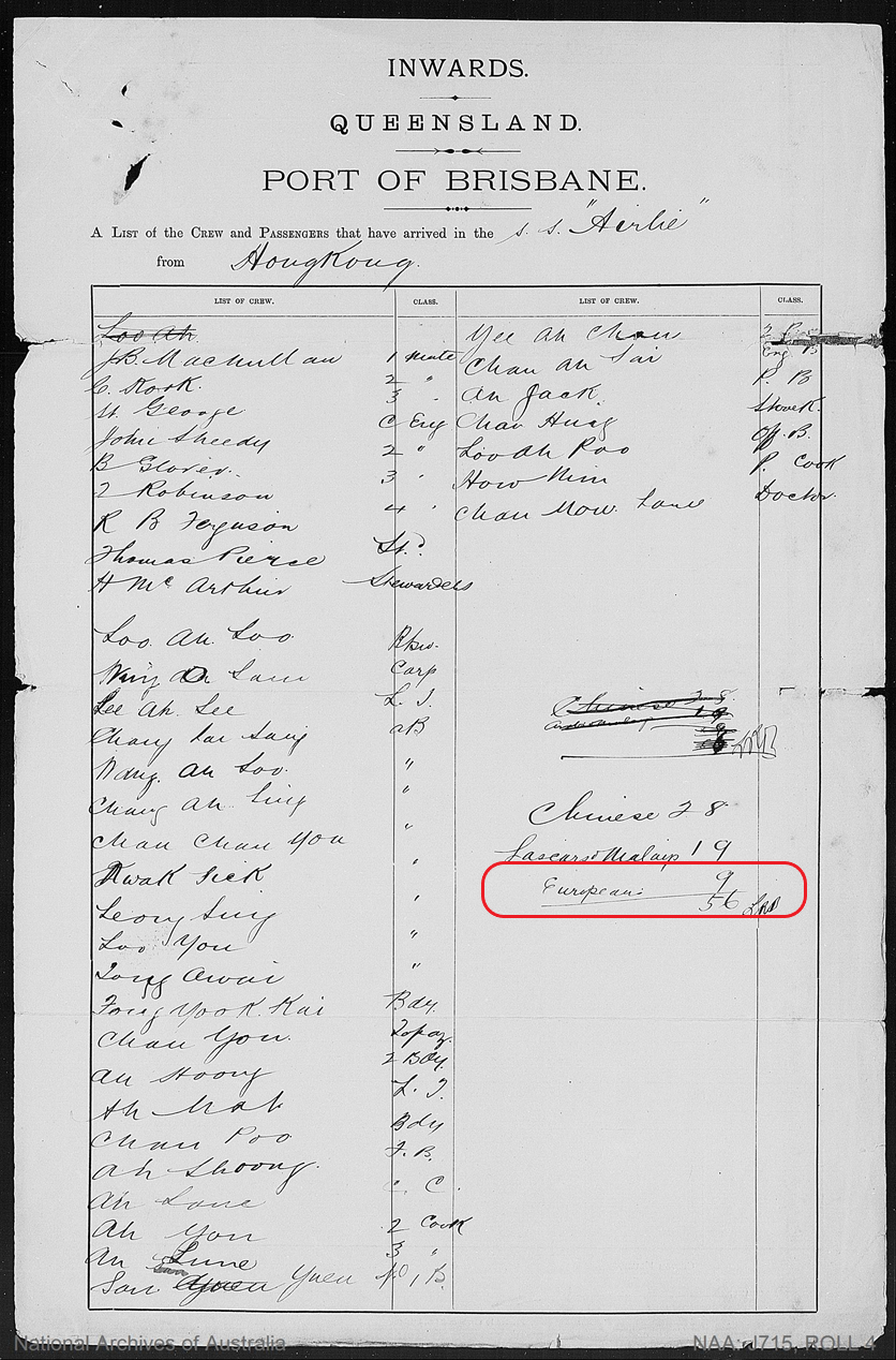Passenger list for the vessel SS Airlie 1886 National Archives of Australia