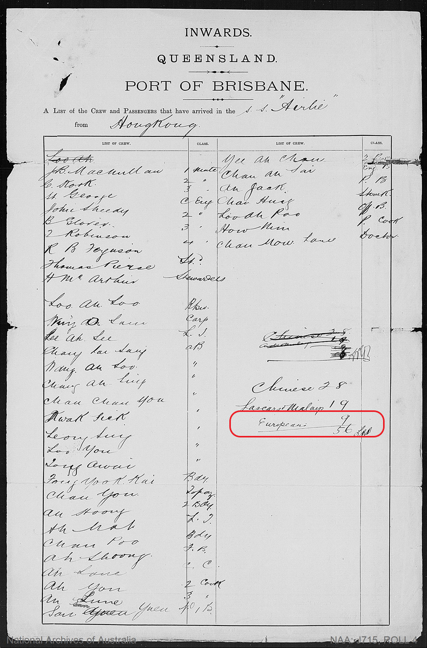 Passenger list for the vessel "S.S. Airlie" 1886, National Archives of Australia