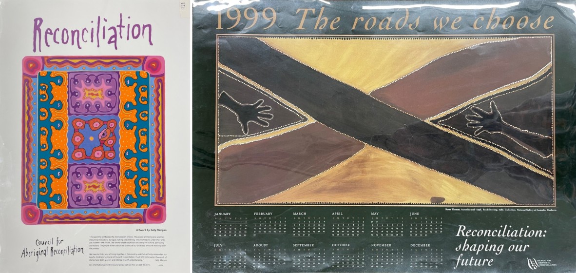 Council for Aboriginal Reconciliation posters featuring artwork by Sally Morgan (left) and Rover Thomas (right), c.1990s (left) and 1987 (right).