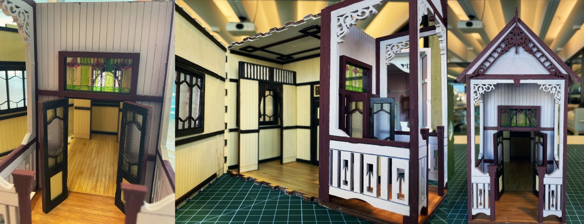 A collage of three photos showing of interior and exterior of a finished qld book nook. 