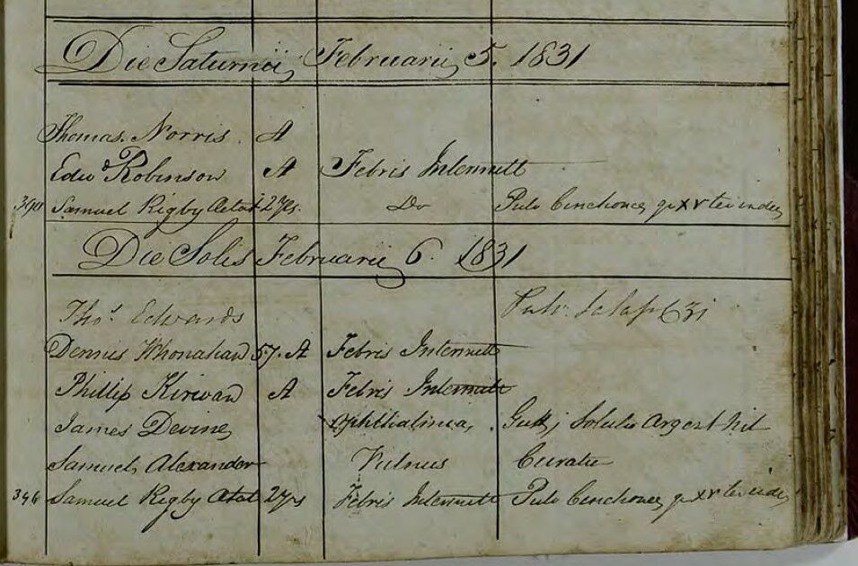 Moreton Bay Penal Settlement Hospital records showing Hannah’s son Samuel receiving treatment for fever in February 1831.