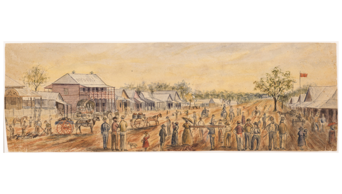 Bustling watercolour scene of Samwell St in Croydon painted by Cecil Edward Search