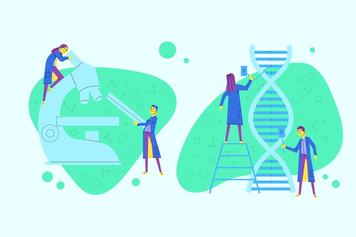 Stylised drawing of small scientists looking through over-sized microscope and studying oversized DNA