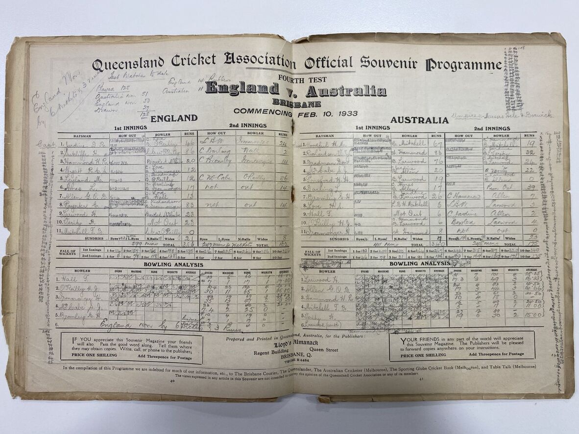 Completed scorecard to the 1933 Gabba Test Match.