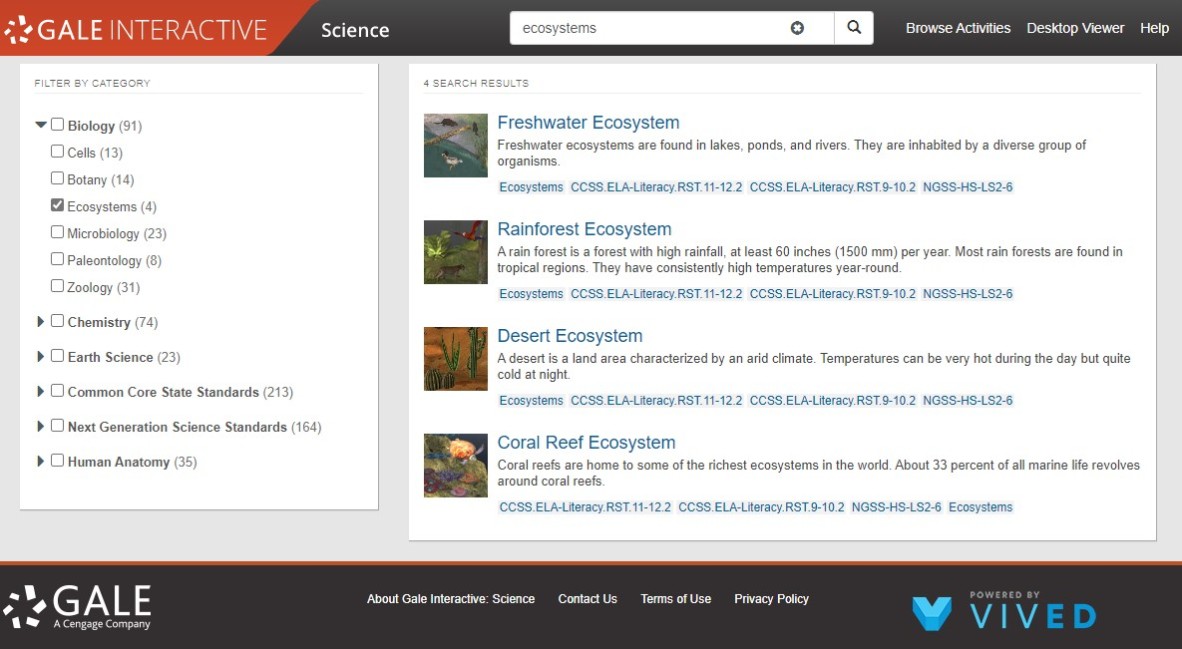Search results for ecosystem activities in the Gale Interactive Science database