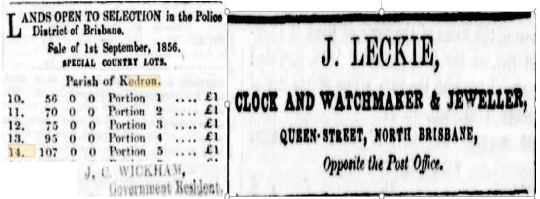 1857 newspaper advertisement for John Leckie's land, and an ad for J Leckie, clock and watchmaker & jeweller in Brisbane