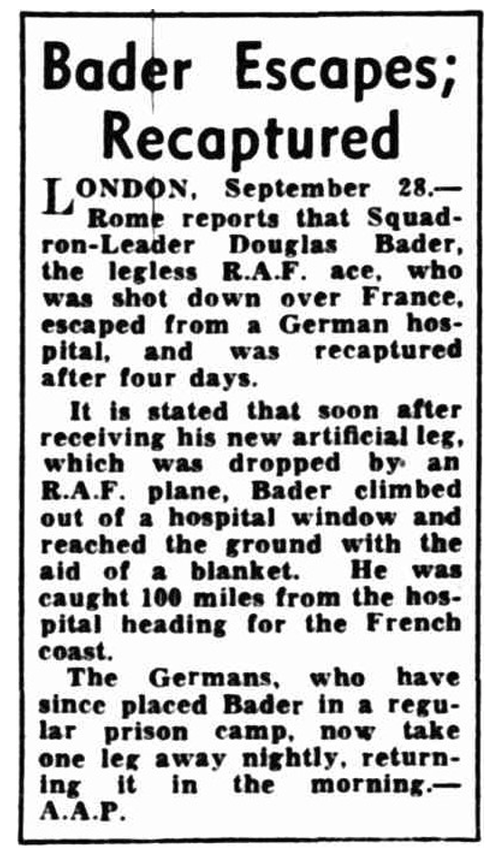 Newspaper article about Bader escaping and being recaptured