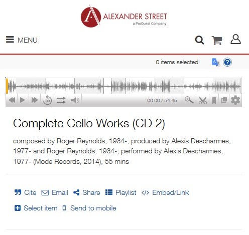 Screen shot of Classical Music Library database displaying an audio file playing