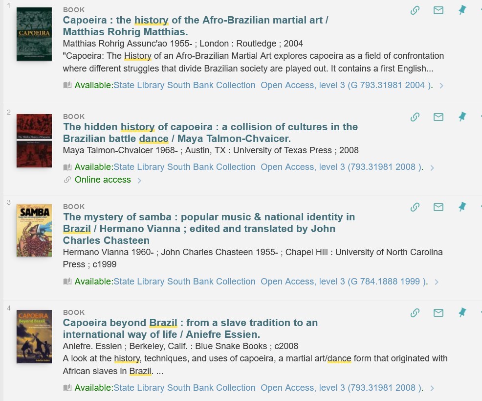 Screenshot of One Search catalogue search results for history of Brazilian dance