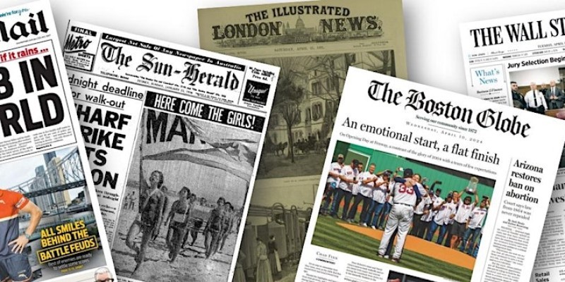 Selection of covers of online newspapers overlapping each other