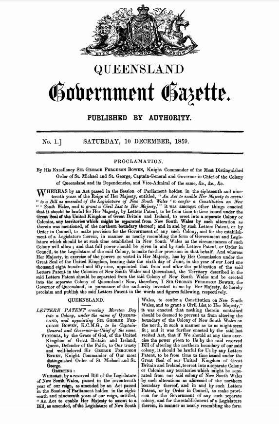 Page 1 of Queensland Government Gazette, No 1, published by authority on Saturday, 10 December 1859.