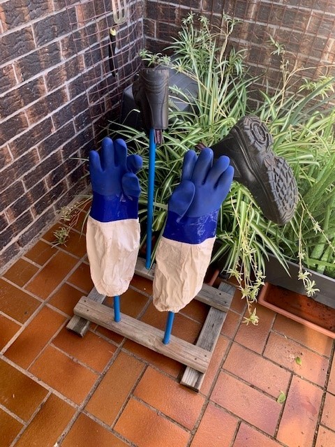 Serena's garden gloves and boots holder