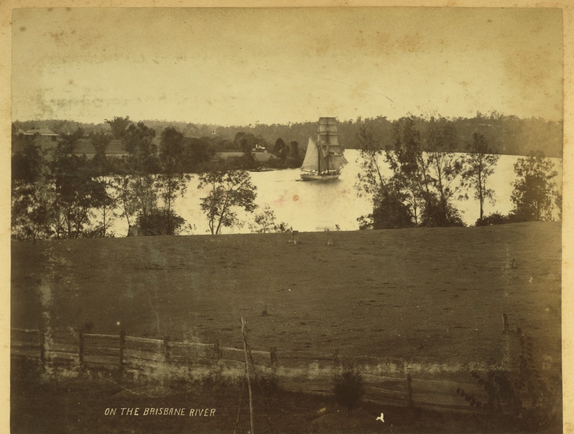 Sailing vessel on New Farm Reach, Brisbane River, ca.1860s. Photographer unknown.