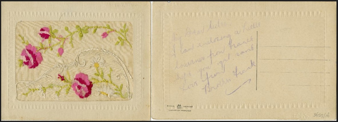 Silk embroidered postcard sent by Frank to his sister 11 July 1916