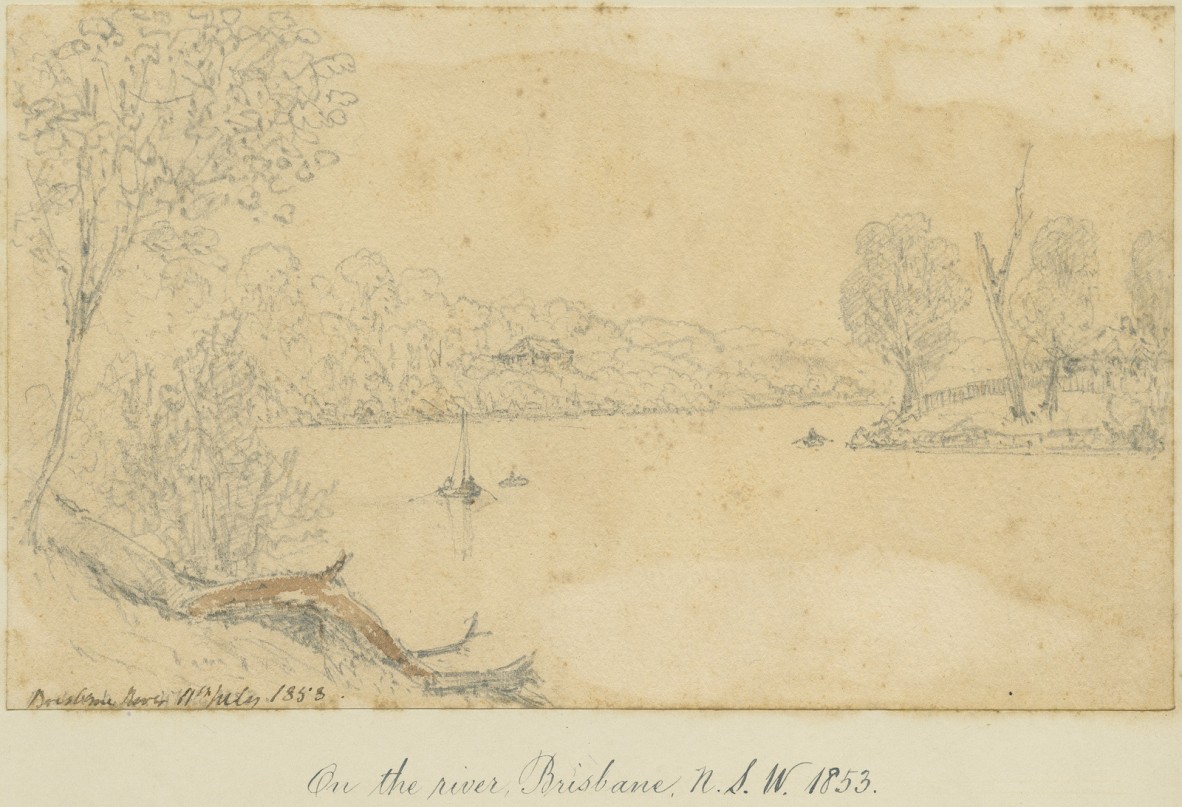 On the river, Brisbane, N.S.W., 11 July 1853. Sketch by Henry John Douglas Scott-Montagu.