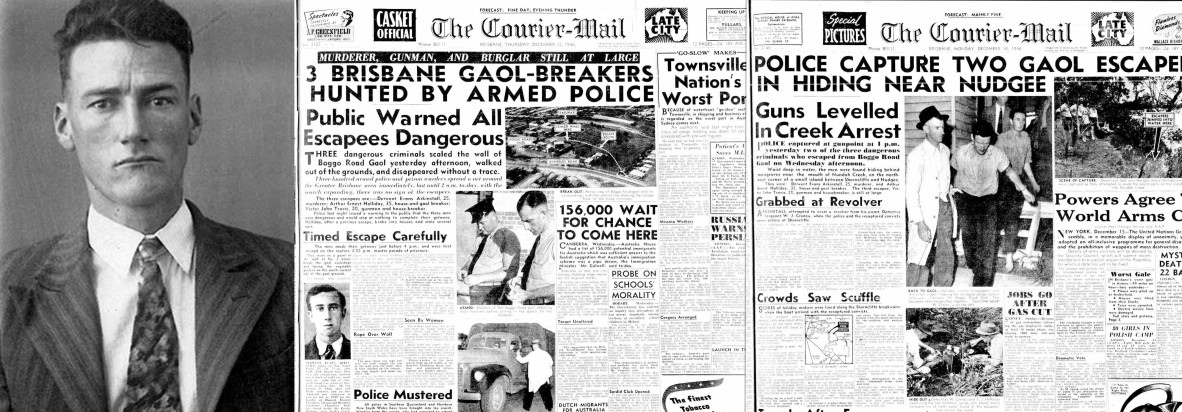 Black and white headshot of thin man in suit alongside 1946 Courier-Mail headlines about Boggo Road Gaol escape