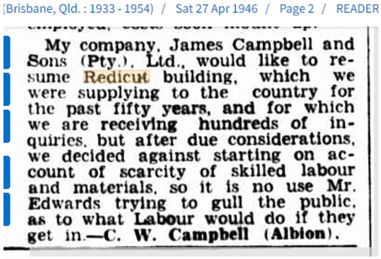 Snippet from a newspaper about ceasing of selling redicut homes, 27 April 1946.